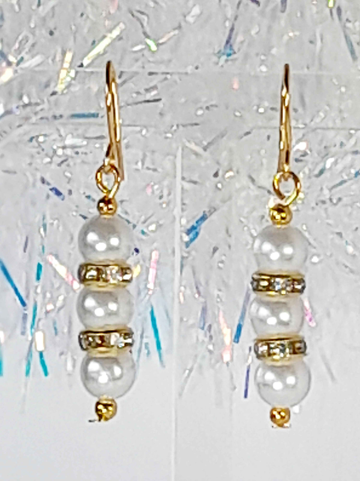 White Pearl and Gold Rhinestone Christmas Drop Earrings