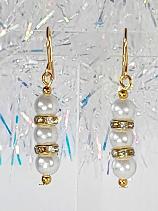 White Pearl and Gold Rhinestone Christmas Drop Earrings