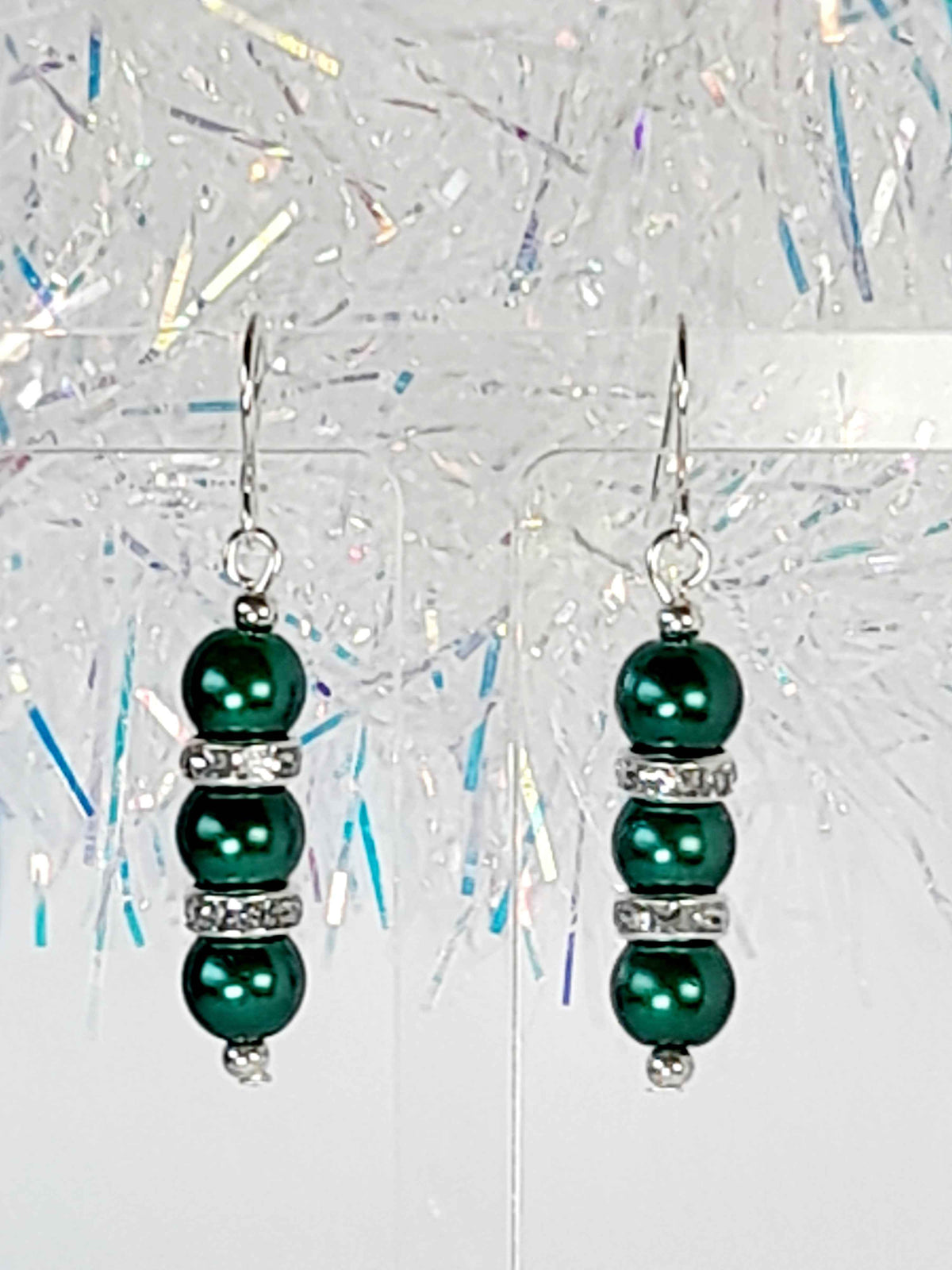 Green Pearl and Silver Rhinestone Christmas Drop Earrings