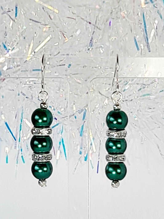 Green Pearl and Silver Rhinestone Christmas Drop Earrings