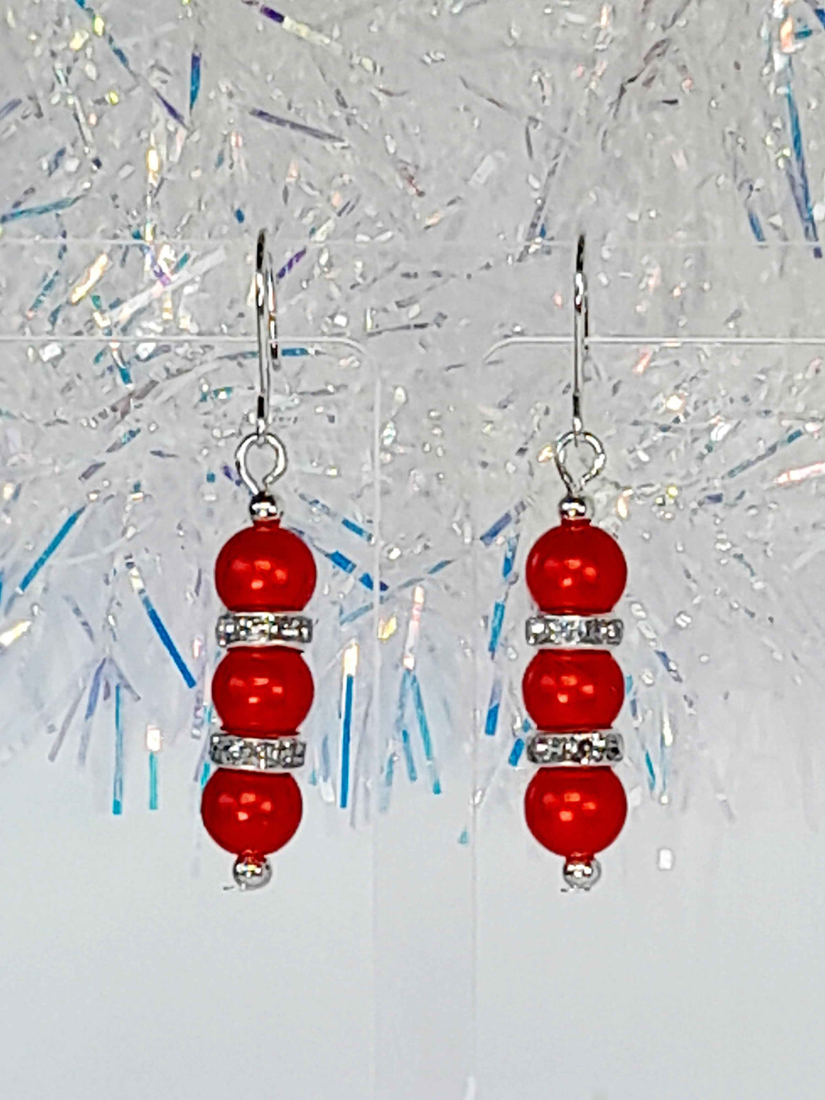 Red Pearl and Silver Rhinestone Christmas Drop Earrings