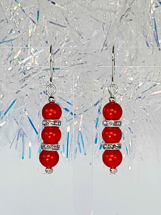 Red Pearl and Silver Rhinestone Christmas Drop Earrings