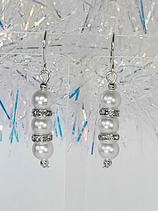 White Pearl and Silver Rhinestone Christmas Drop Earrings