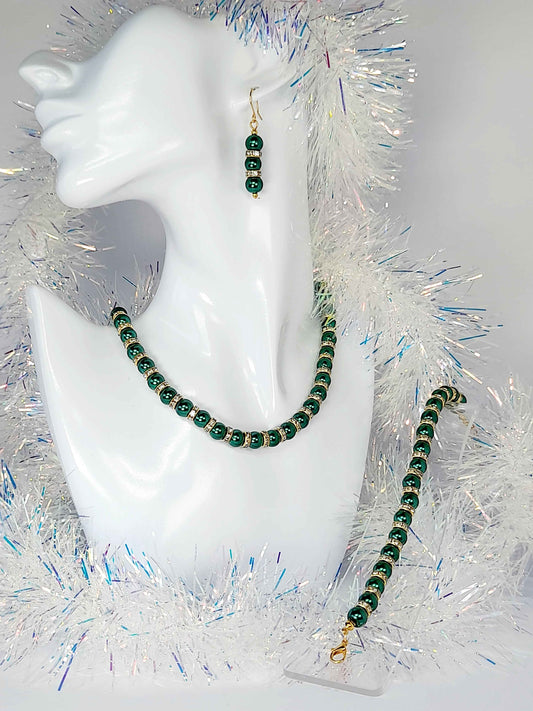Green Pearl and Gold Rhinestone Christmas Necklace