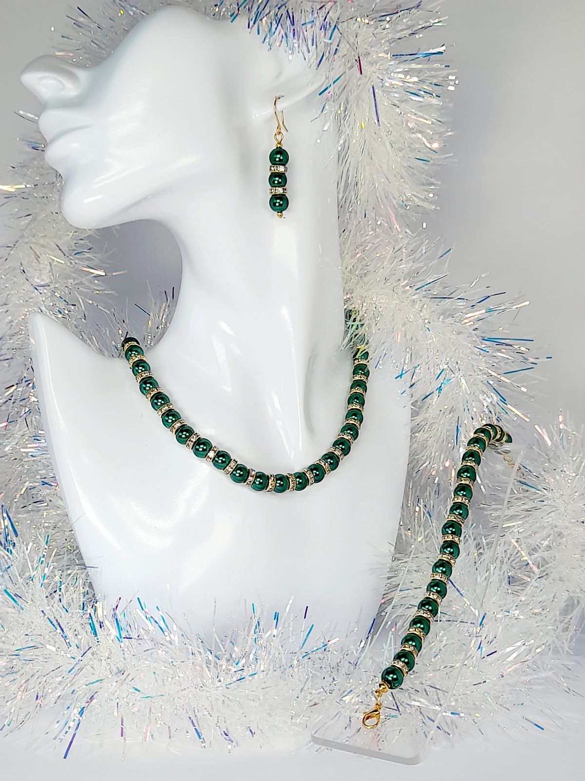 Green Pearl and Gold Rhinestone Christmas Bracelet - Just My Jewellery Shop