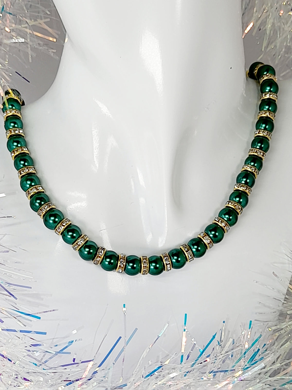 Green Pearl and Gold Rhinestone Christmas Necklace - Just My Jewellery Shop