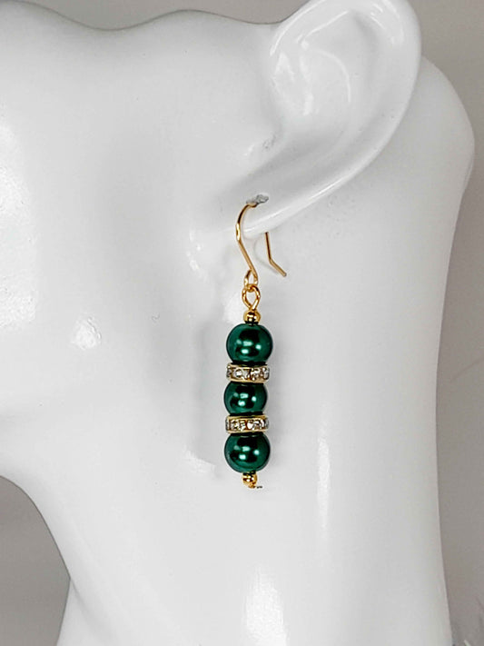 Green Pearl and Gold Rhinestone Christmas Drop Earrings