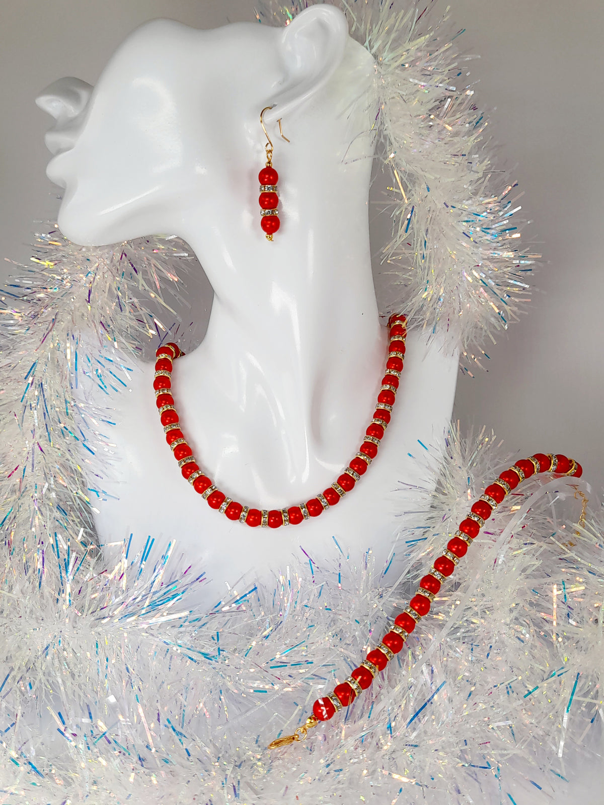 Red Pearl and Gold Rhinestone Christmas Drop Earrings - Just My Jewellery Shop