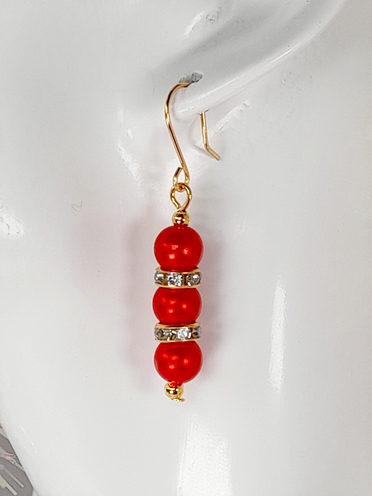 Red Pearl and Gold Rhinestone Christmas Drop Earrings - Just My Jewellery Shop
