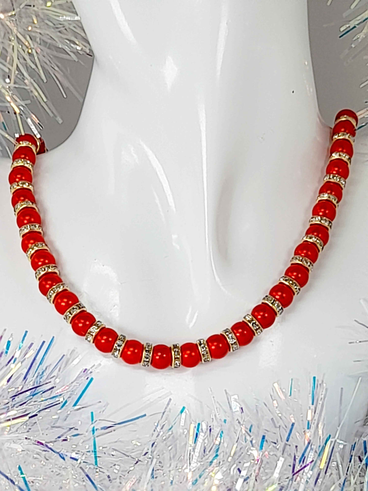 Red Pearl and Gold Rhinestone Christmas Necklace