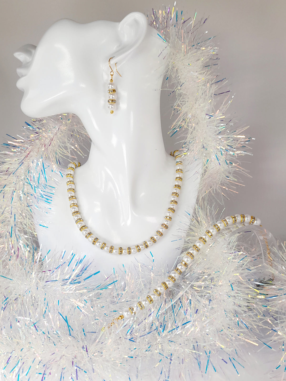 White Pearl and Gold Rhinestone Christmas Drop Earrings - Just My Jewellery Shop