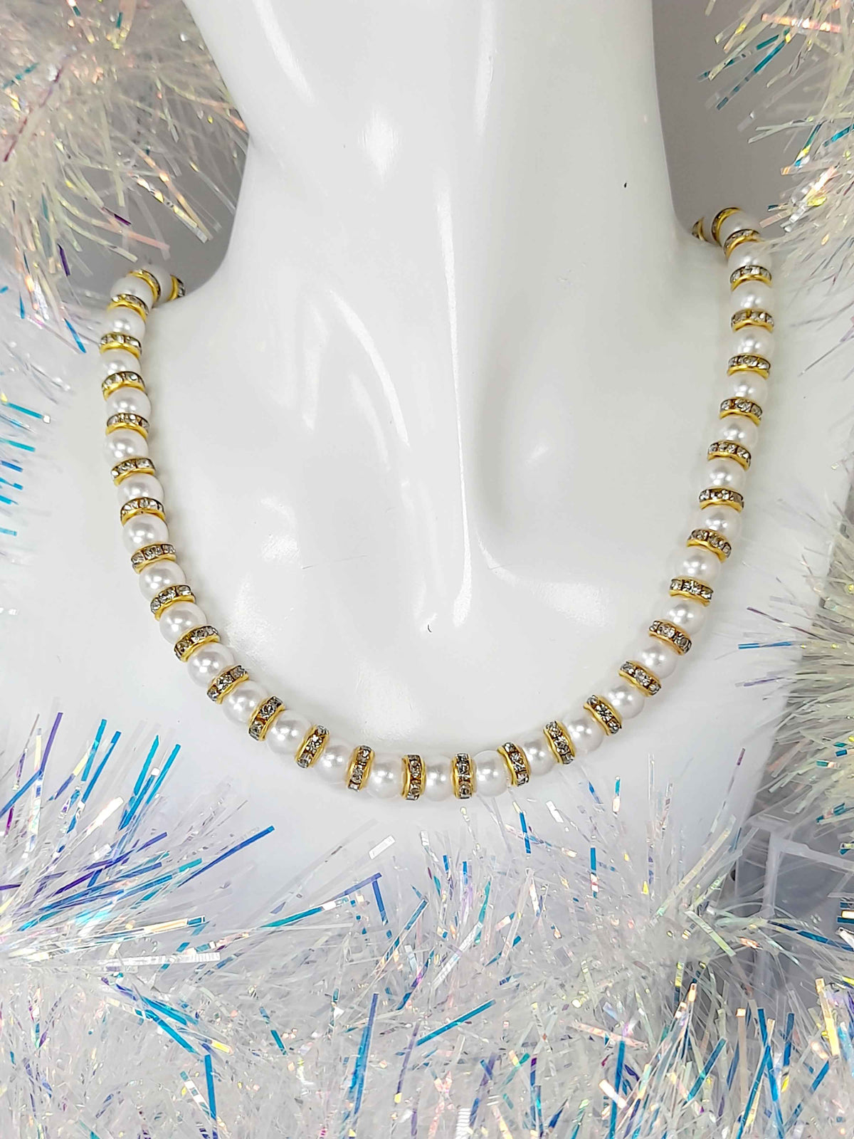 White Pearl and Gold Rhinestone Christmas Necklace