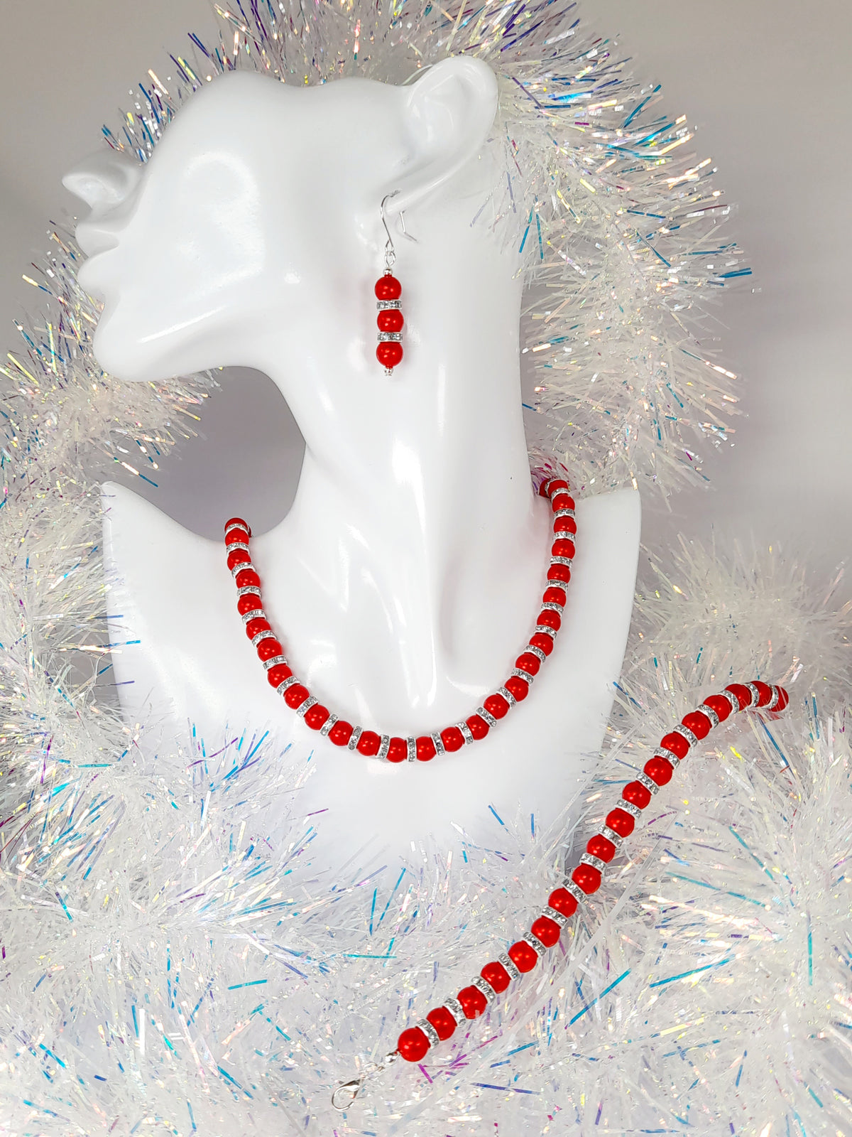 Red Pearl and Silver Rhinestone Christmas Necklace - Just My Jewellery Shop