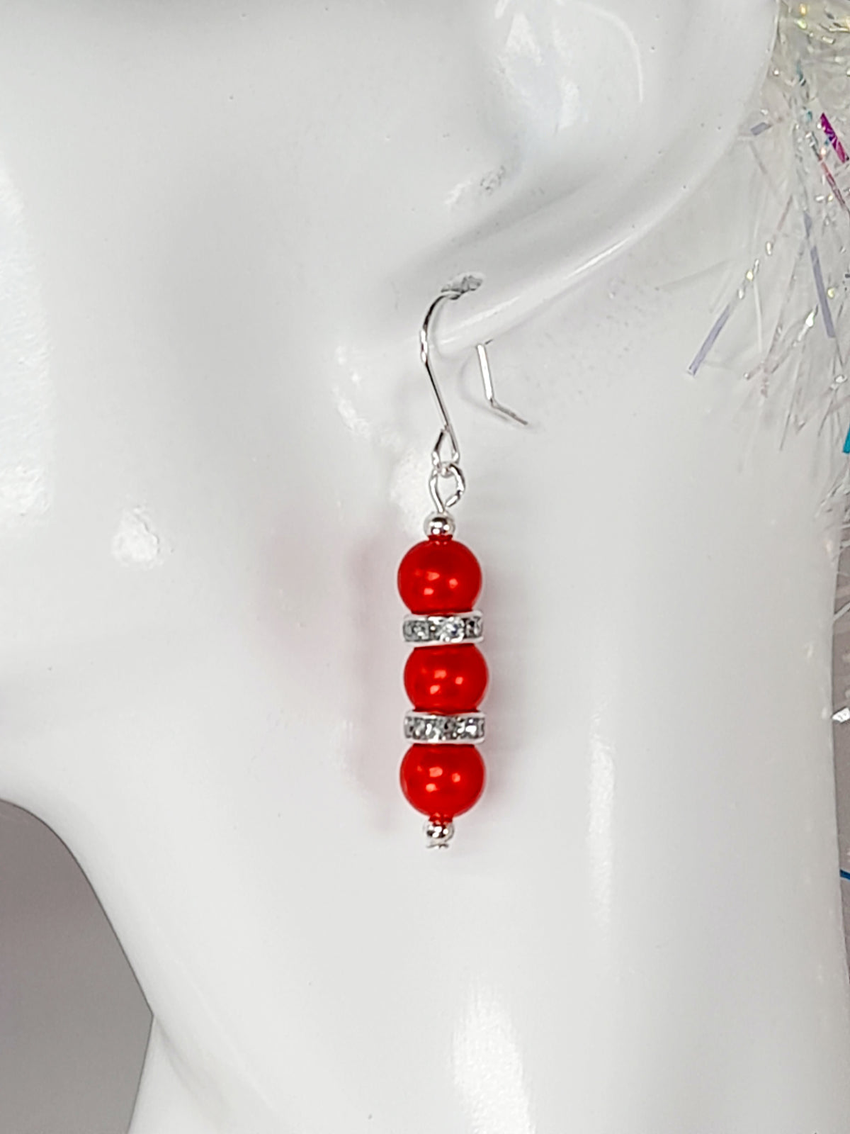 Red Pearl and Silver Rhinestone Christmas Drop Earrings - Just My Jewellery Shop