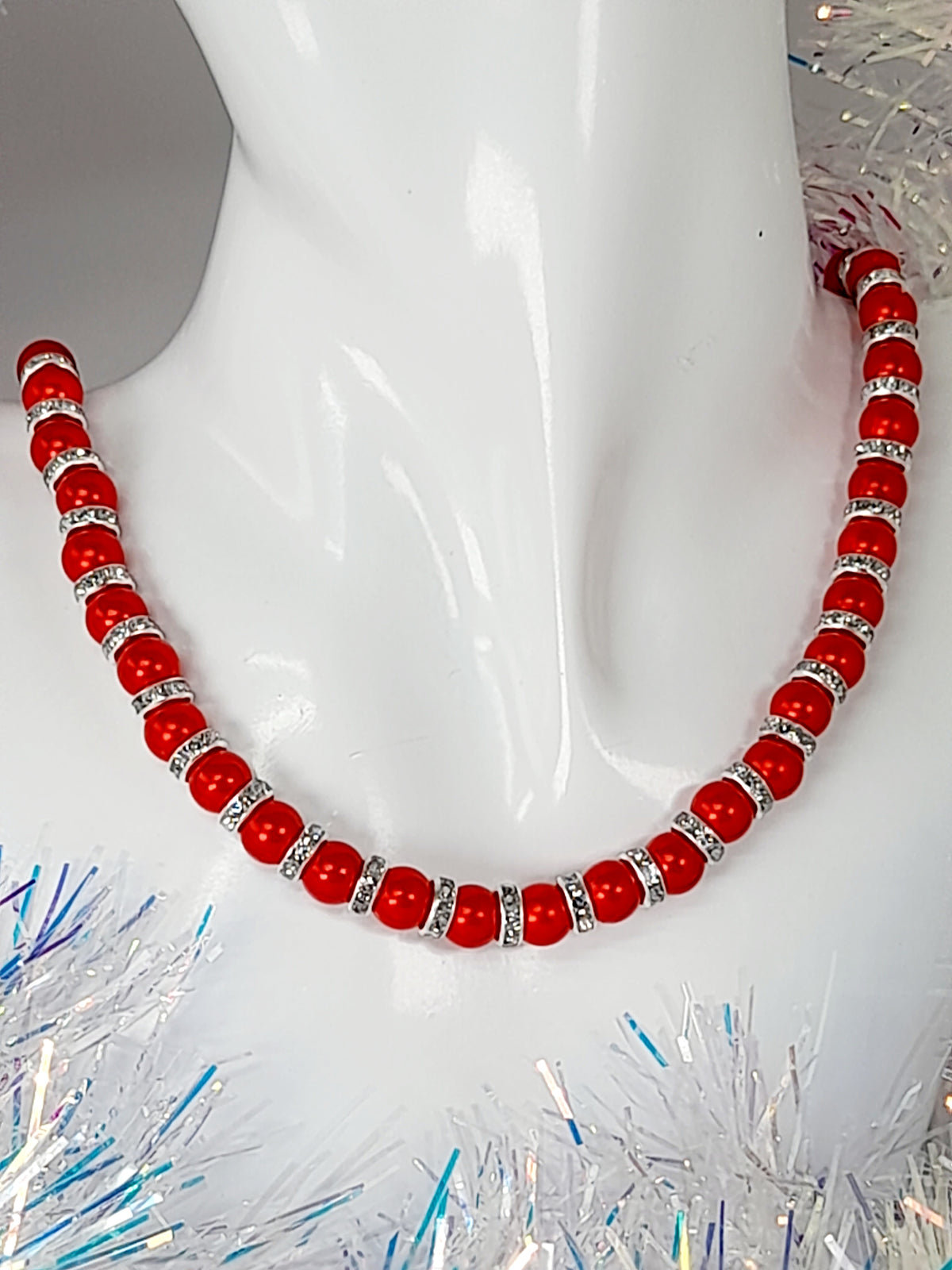 Red Pearl and Silver Rhinestone Christmas Necklace - Just My Jewellery Shop