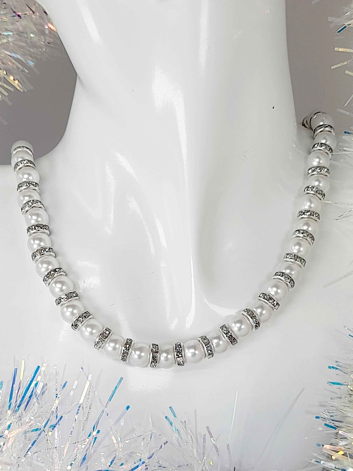 White Pearl and Silver Rhinestone Christmas Necklace