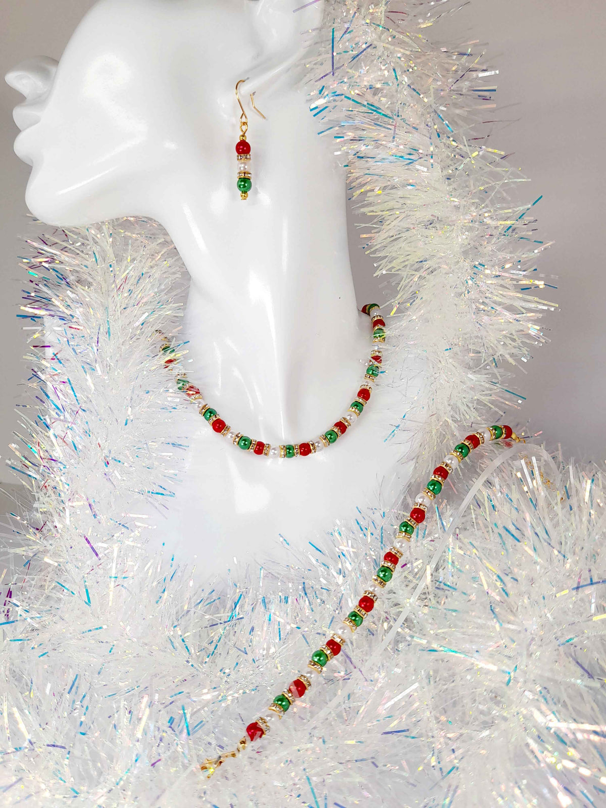 Christmas Pearl Drop Earrings in Red White and Green with Gold Rhinestone Spacers