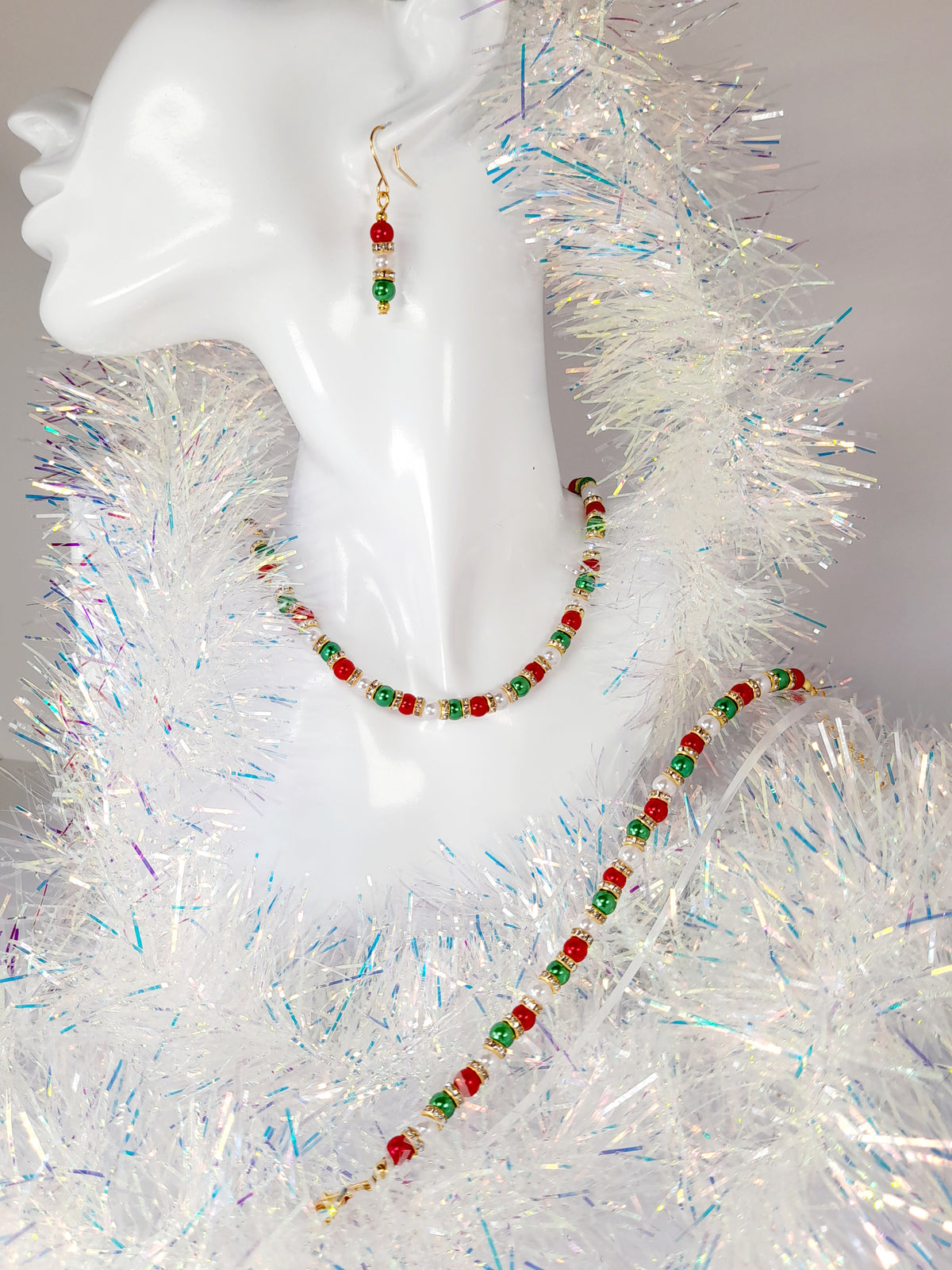Christmas Pearl Bead Necklace in Red White and Green with Gold Rhinestone Spacers - Just My Jewellery Shop