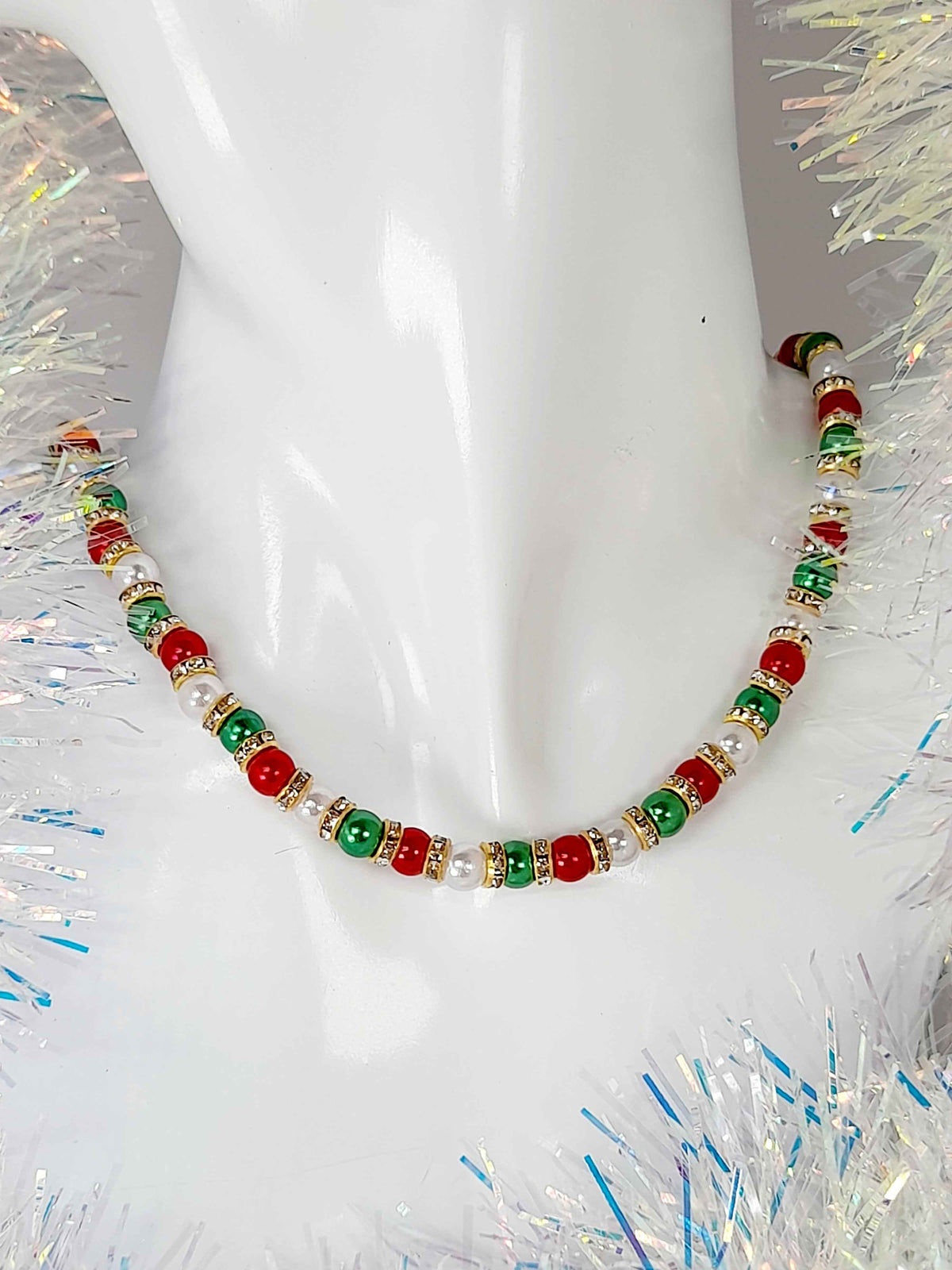 Christmas Pearl Bead Jewellery Set in Red White and Green with Gold Rhinestone Spacers