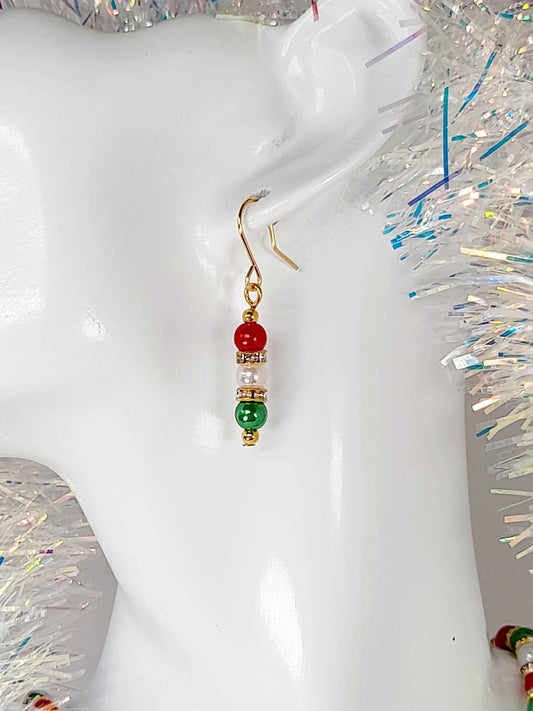 Christmas Pearl Drop Earrings in Red White and Green with Gold Rhinestone Spacers