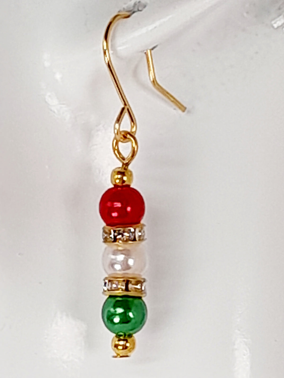 Christmas Pearl Drop Earrings in Red White and Green with Gold Rhinestone Spacers - Just My Jewellery Shop