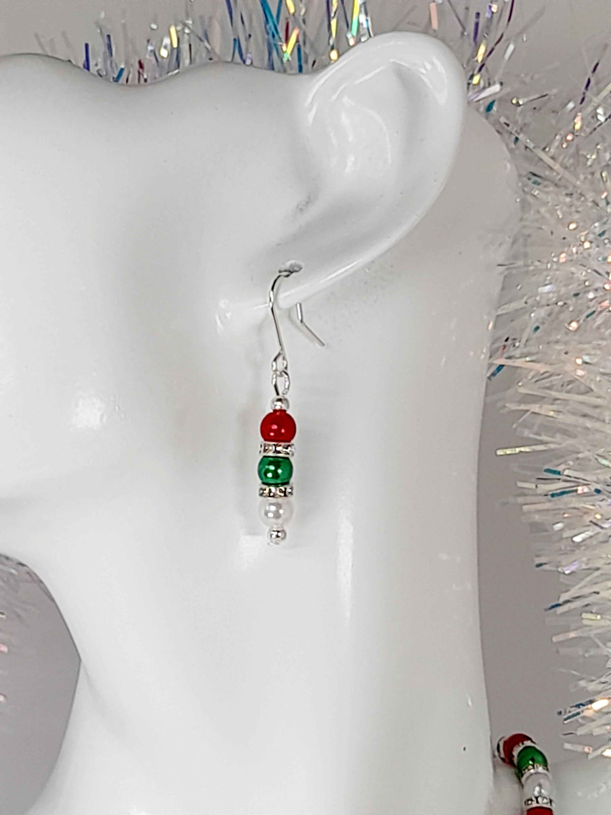 Christmas Pearl Bead Jewellery Set in Red White and Green with Rhinestone Spacers
