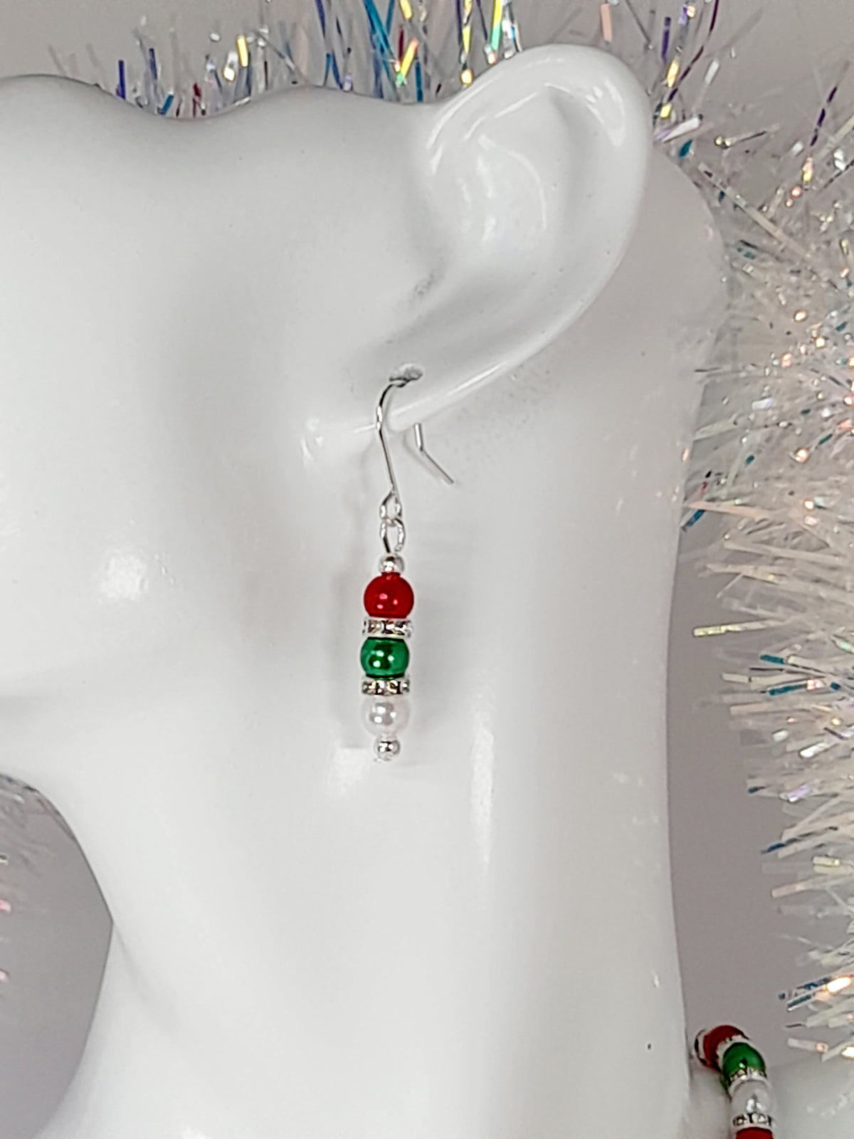 Christmas Pearl Drop Earrings in Red White and Green with Rhinestone Spacers - Just My Jewellery Shop