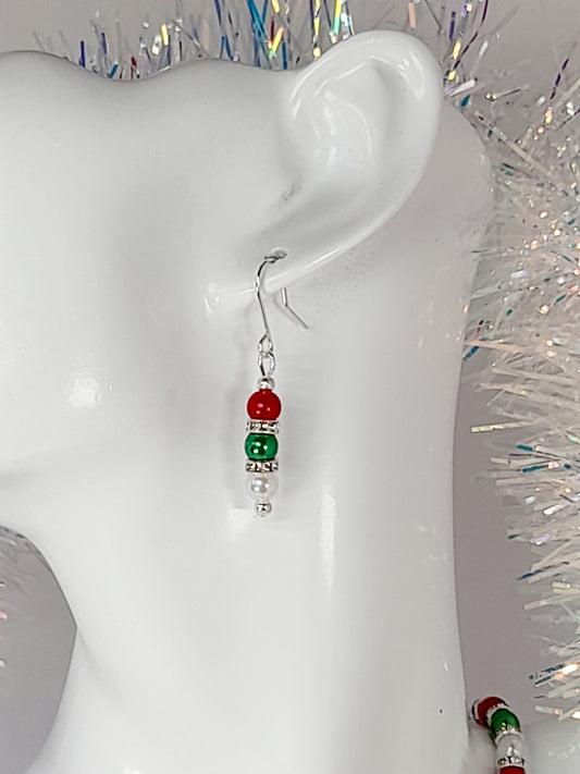Christmas Pearl Drop Earrings in Red White and Green with Rhinestone Spacers - Just My Jewellery Shop