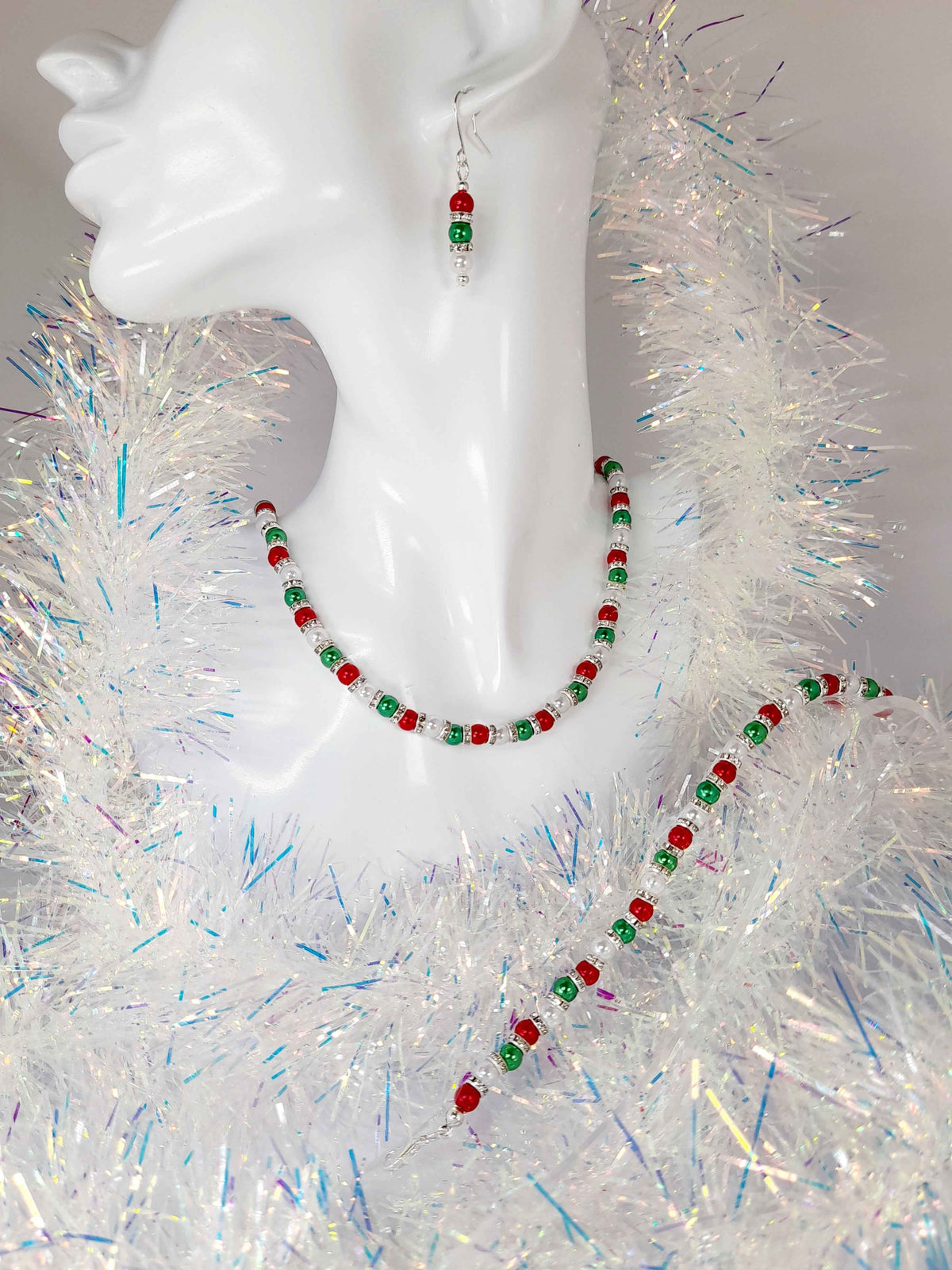 Christmas Pearl Bead Bracelet in Red White and Green with Rhinestone Spacers