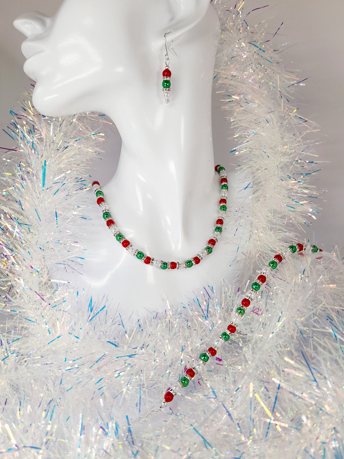 Christmas Pearl Drop Earrings in Red White and Green with Rhinestone Spacers - Just My Jewellery Shop