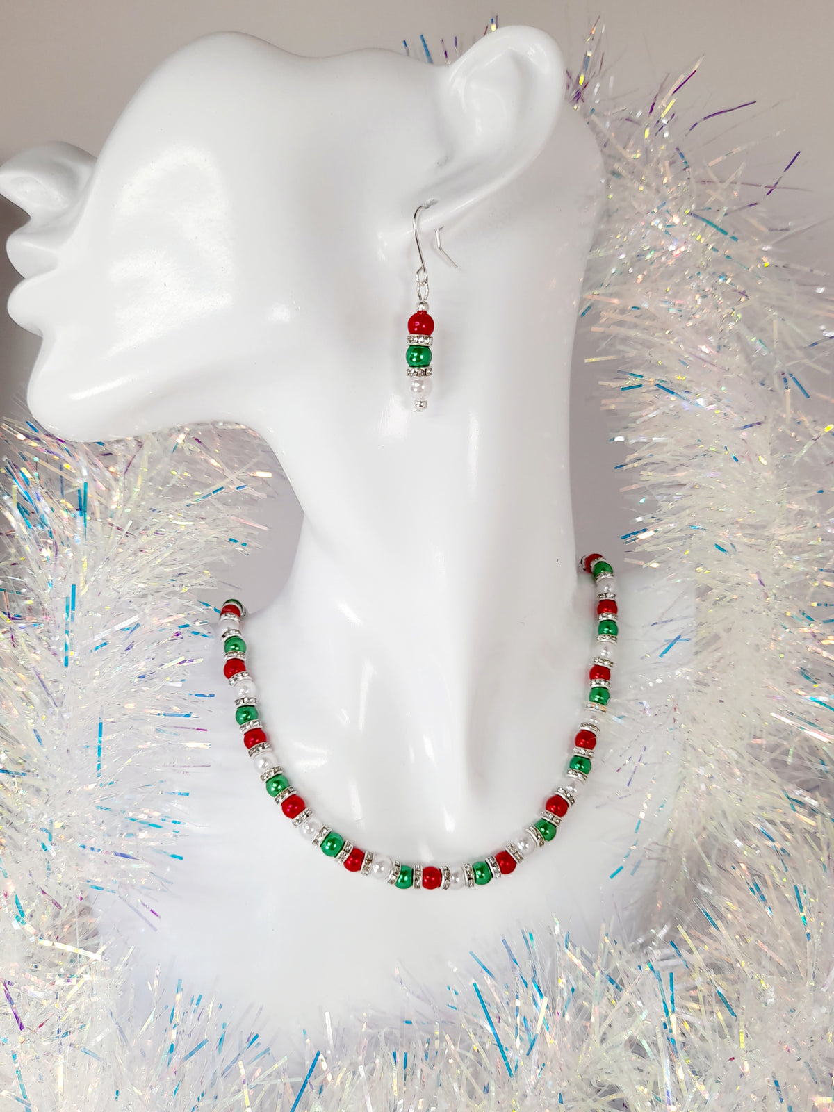 Christmas Pearl Drop Earrings in Red White and Green with Rhinestone Spacers - Just My Jewellery Shop