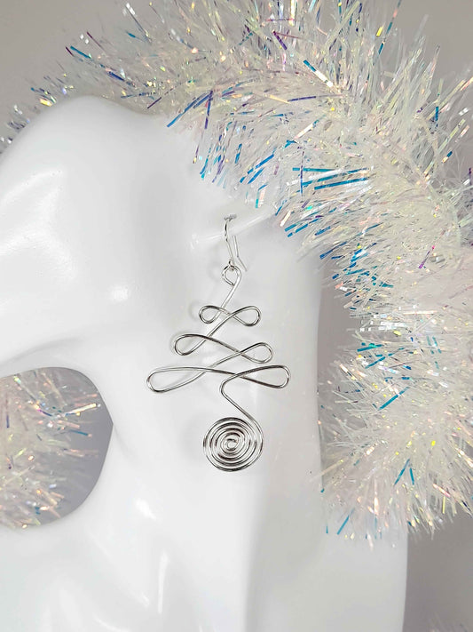 Silver Wire Wrapped Christmas Tree Earrings