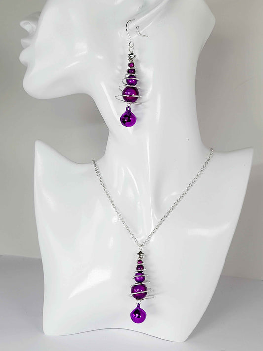 Purple Miracle Bead Christmas Tree Jewellery Set with Purple Jingle Bell
