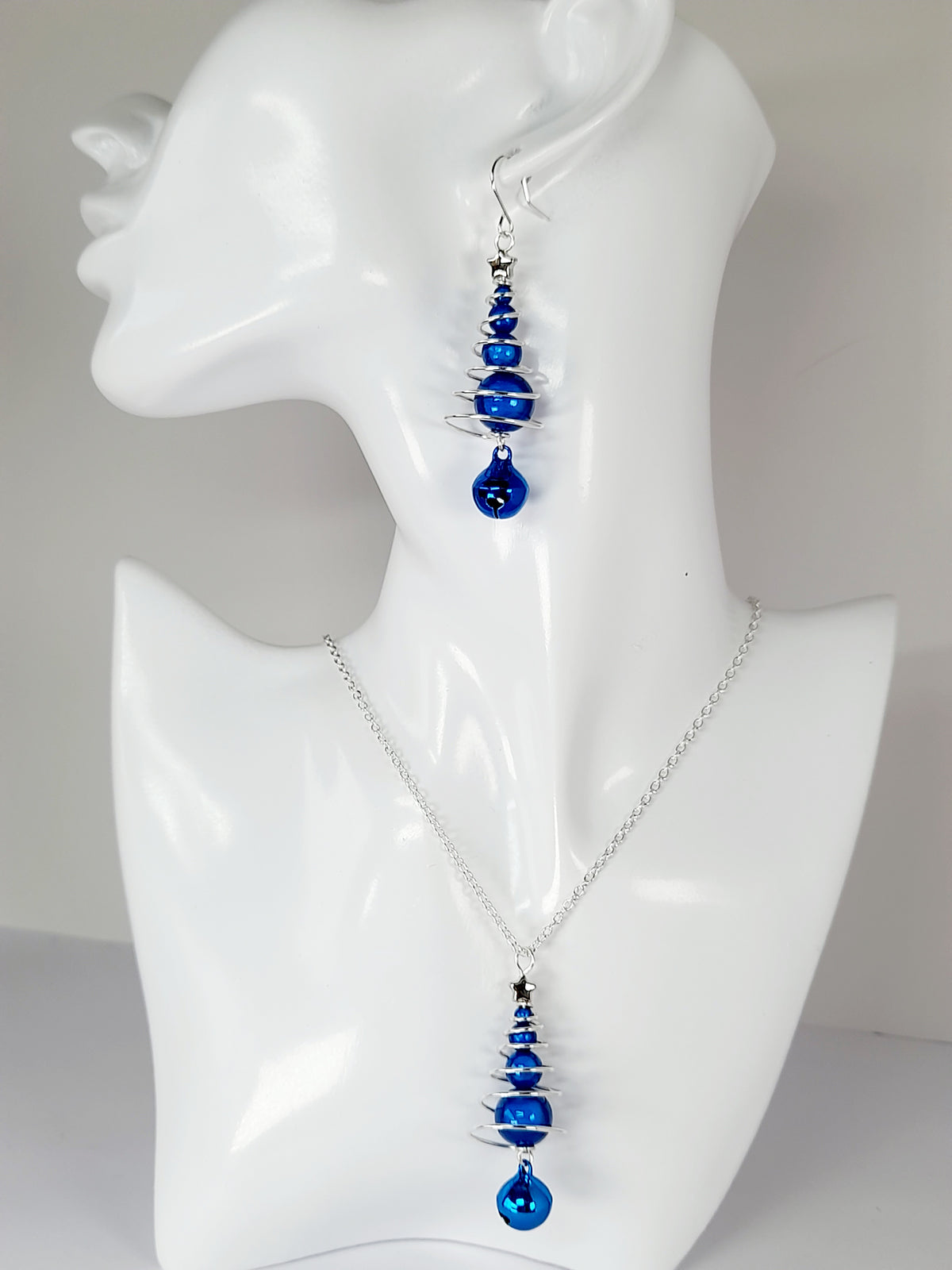 Blue Miracle Bead Christmas Tree Earrings with Blue Jingle Bell - Just My Jewellery Shop