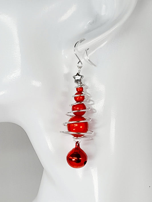 Red Miracle Bead Christmas Tree Earrings with Red Jingle Bell - Just My Jewellery Shop