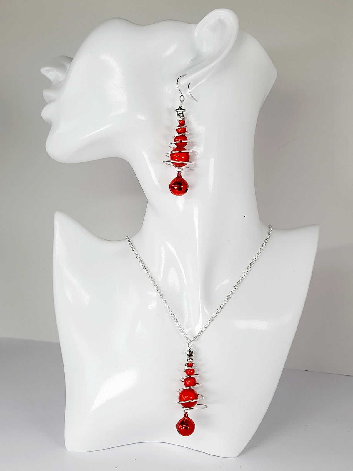 Red Miracle Bead Christmas Tree Earrings with Red Jingle Bell - Just My Jewellery Shop
