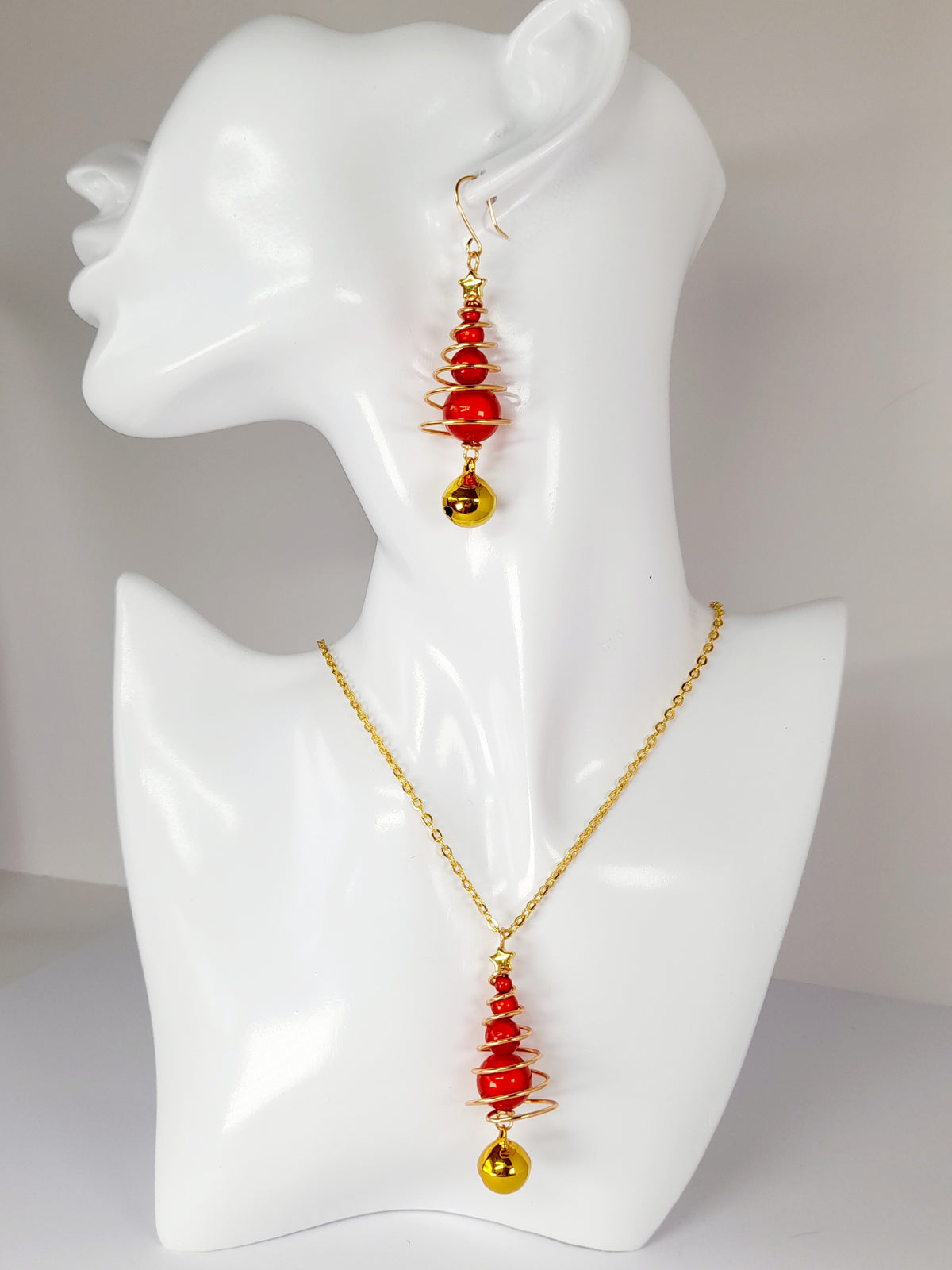 Red Miracle Bead Christmas Tree Necklace with Gold Star & Gold Jingle Bell - Just My Jewellery Shop