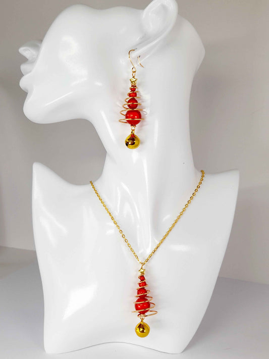 Red Miracle Bead Christmas Tree Jewellery Set with Gold Star & Gold Jingle Bell