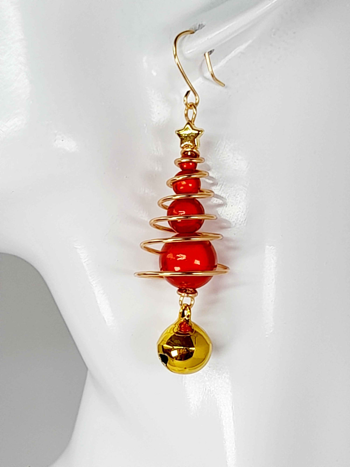 Red Miracle Bead Christmas Tree Earrings with Gold Star & Gold Jingle Bell