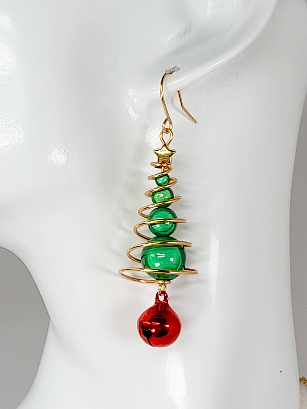Green Miracle Bead Christmas Tree Necklace with Gold Wire and Red Jingle Bell - Just My Jewellery Shop