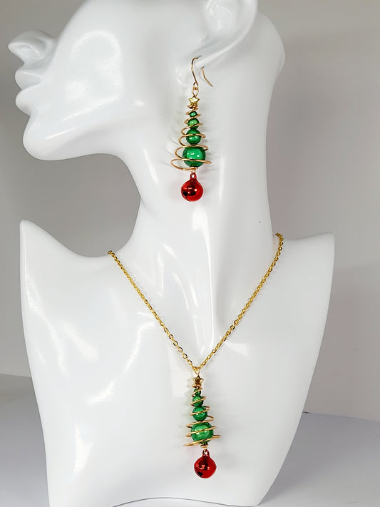 Green Miracle Bead Christmas Tree Jewellery Set with Gold Wire and Red Jingle Bell - Just My Jewellery Shop