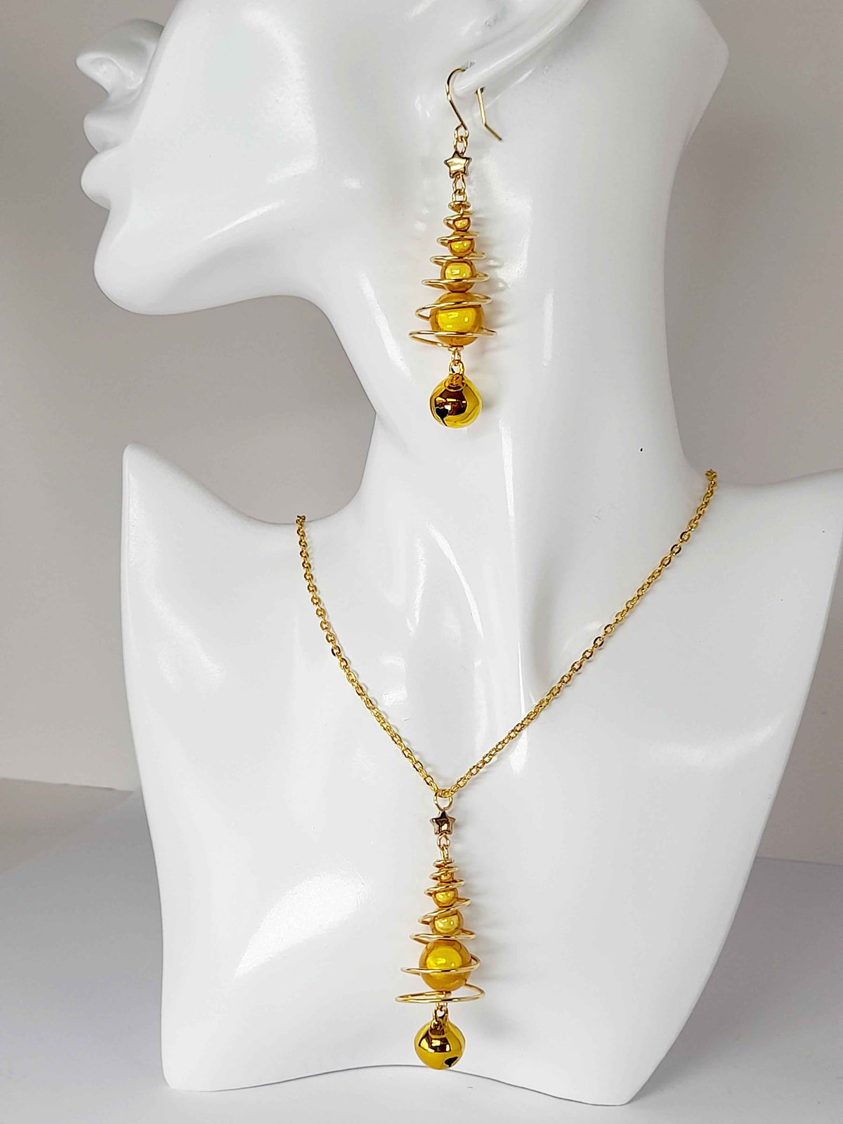 Gold Miracle Bead Christmas Tree Necklace with Gold Jingle Bell