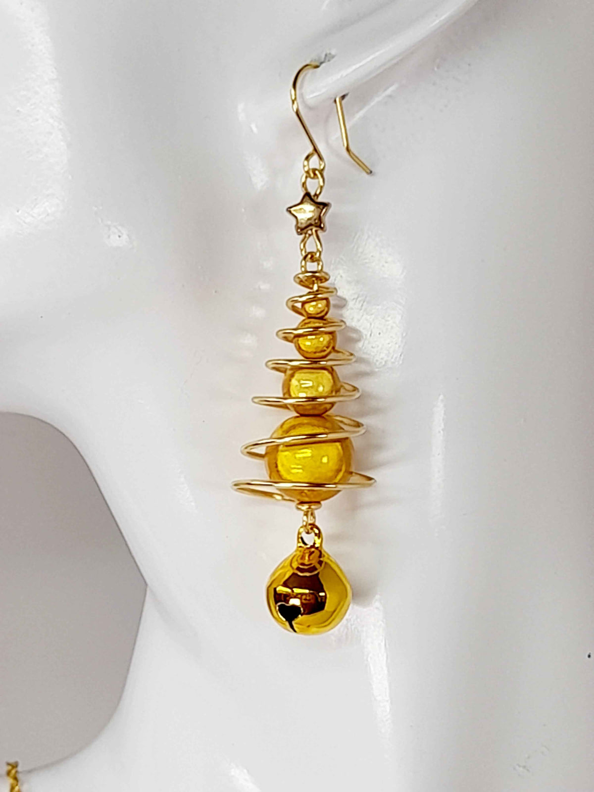 Gold Miracle Bead Christmas Tree Earrings with Gold Jingle Bell