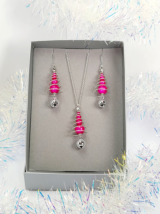 Hot Pink Miracle Bead Christmas Tree Jewellery Set with Silver Jingle Bell - Just My Jewellery Shop