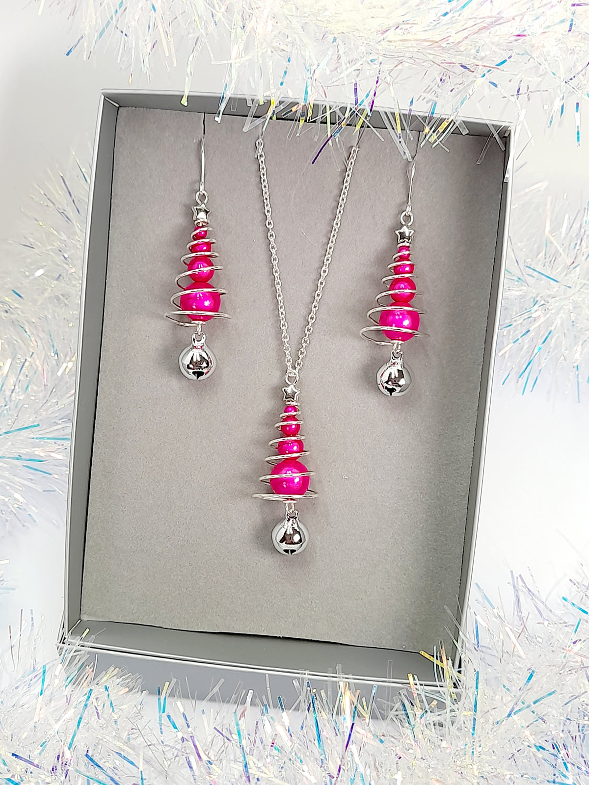 Hot Pink Miracle Bead Christmas Tree Jewellery Set with Silver Jingle Bell - Just My Jewellery Shop