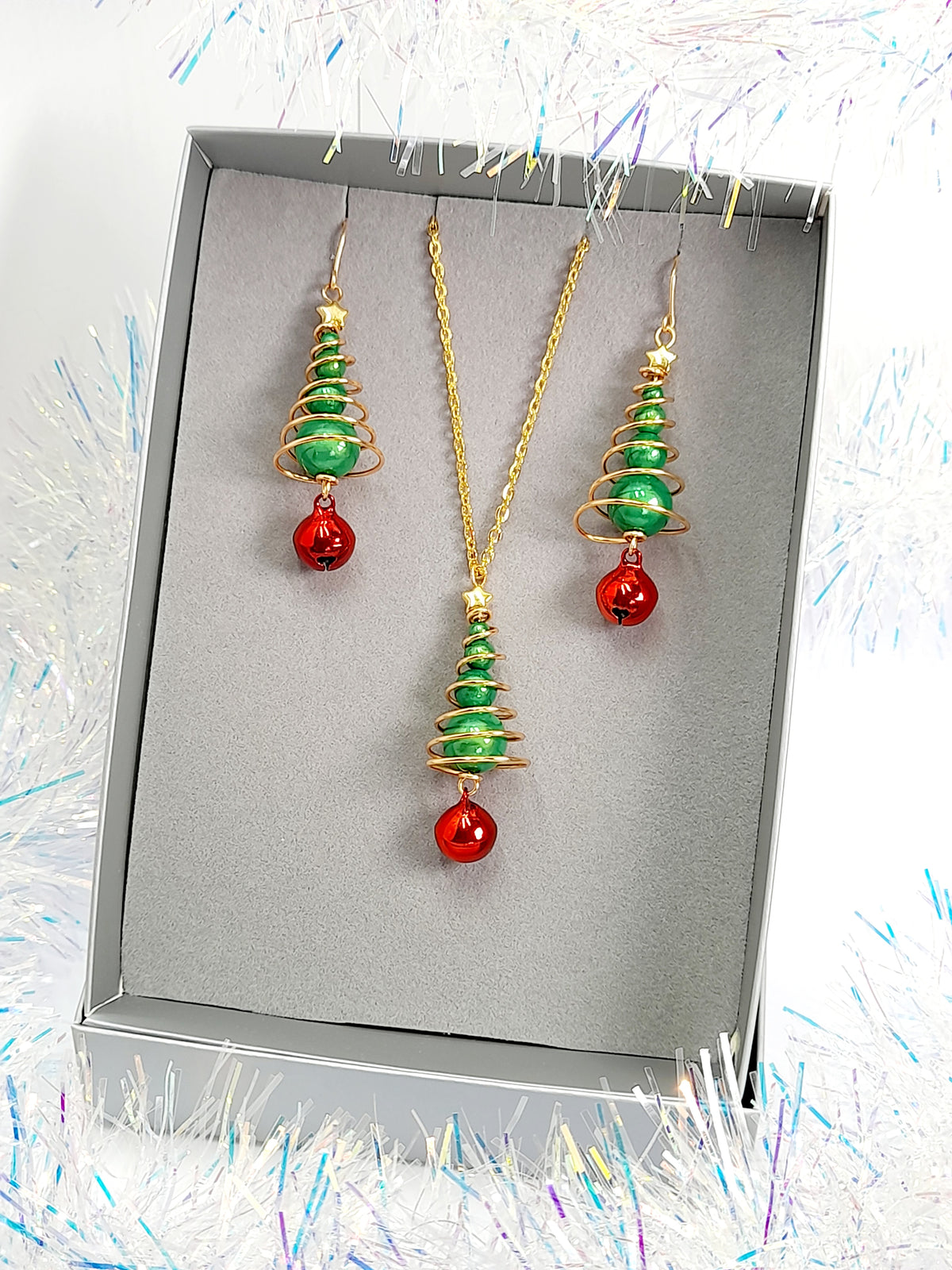 Green Miracle Bead Christmas Tree Necklace with Gold Wire and Red Jingle Bell - Just My Jewellery Shop