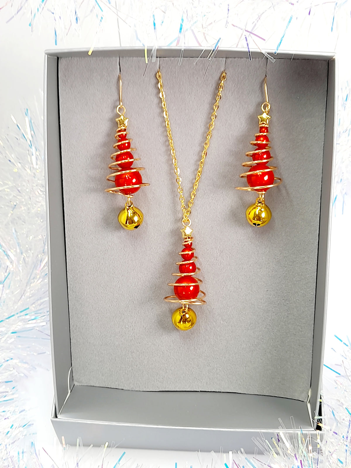 Red Miracle Bead Christmas Tree Necklace with Gold Star & Gold Jingle Bell - Just My Jewellery Shop