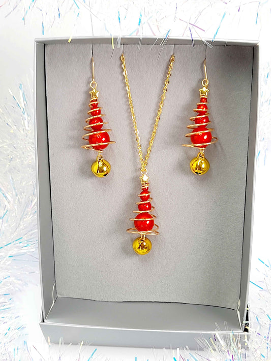 Red Miracle Bead Christmas Tree Jewellery Set with Gold Star & Gold Jingle Bell