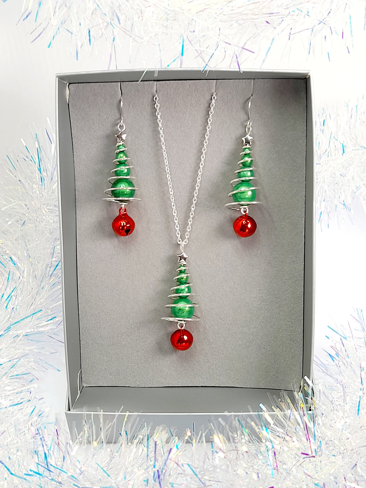 Green Miracle Bead Christmas Tree Necklace with Red Jingle Bell - Just My Jewellery Shop