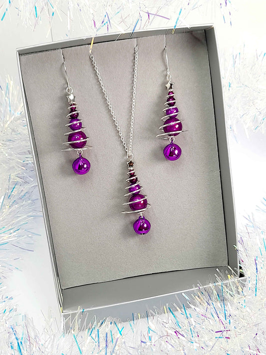 Purple Miracle Bead Christmas Tree Jewellery Set with Purple Jingle Bell